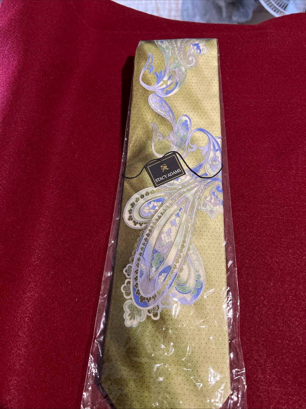 Stacy Adams 100% Silk Olive Green Paisley Silk Tie with Blue and Cream Accents